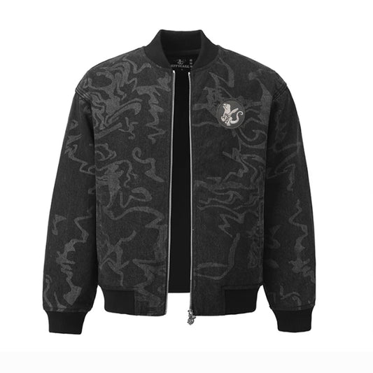 Laser Graphic Black Denim Bomber Jacket ($69)