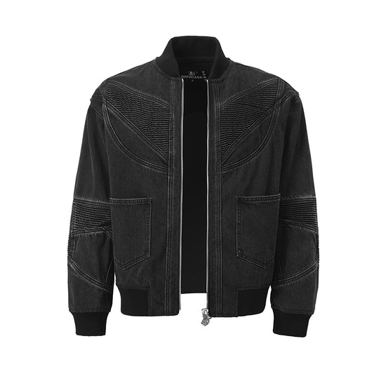 Biker Black Denim Bomber Jacket ($69）