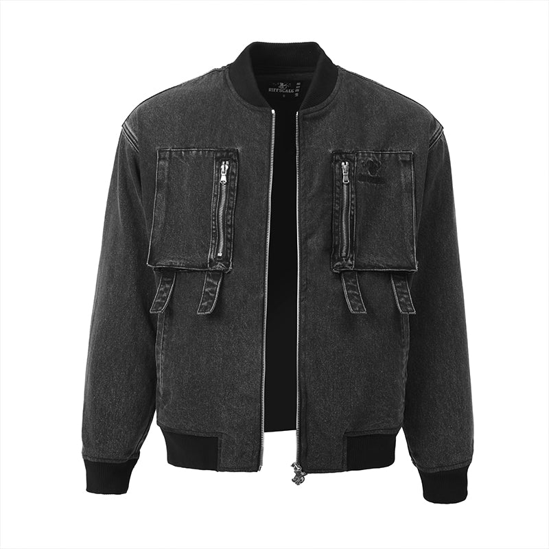Streetwear Black Graphic Denim Bomber Jacket with Pockets ($59)
