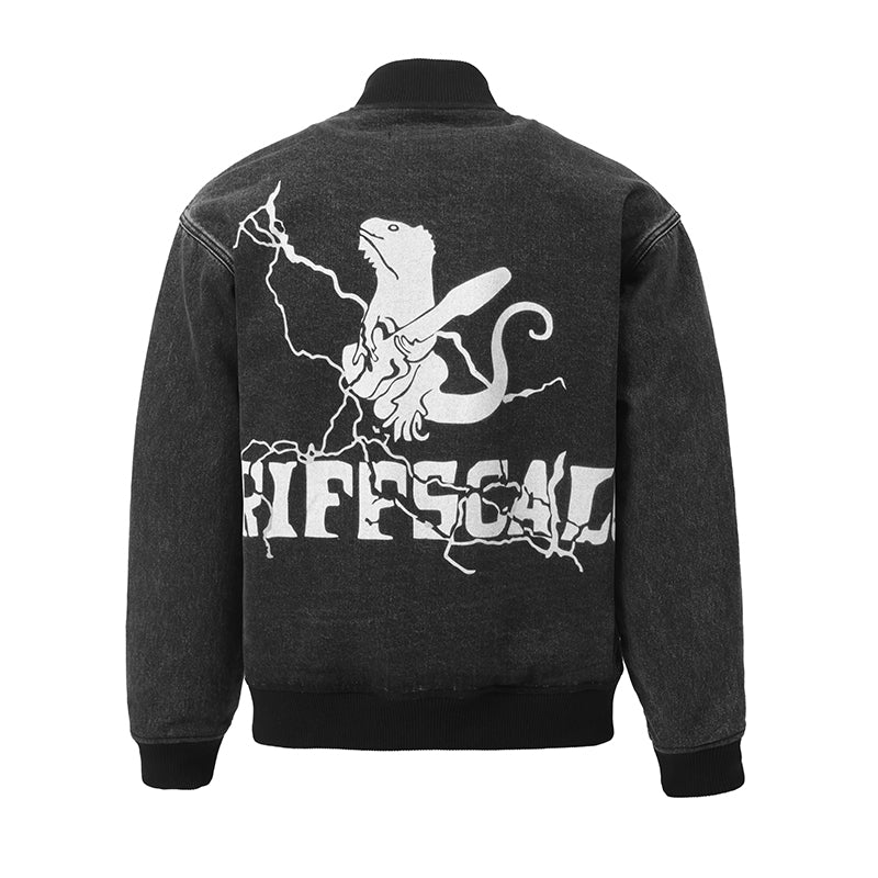 Streetwear Black Graphic Denim Bomber Jacket with Pockets ($59)