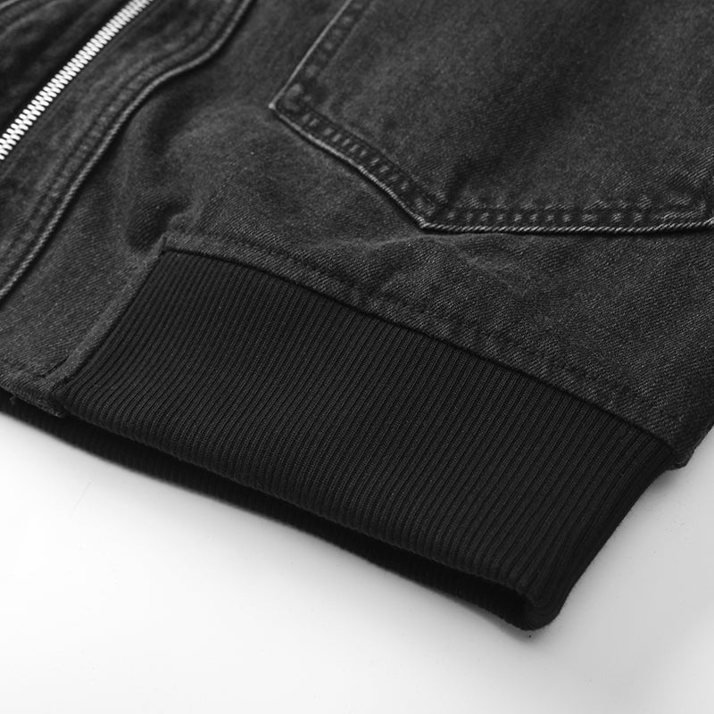 Biker Black Denim Bomber Jacket ($72）