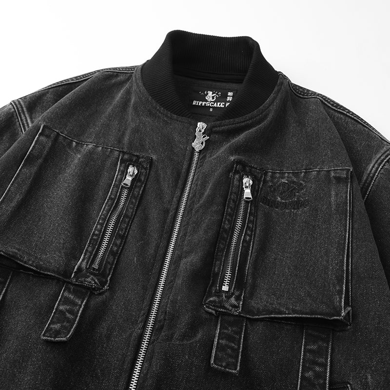 Streetwear Black Graphic Denim Bomber Jacket with Pockets ($59)