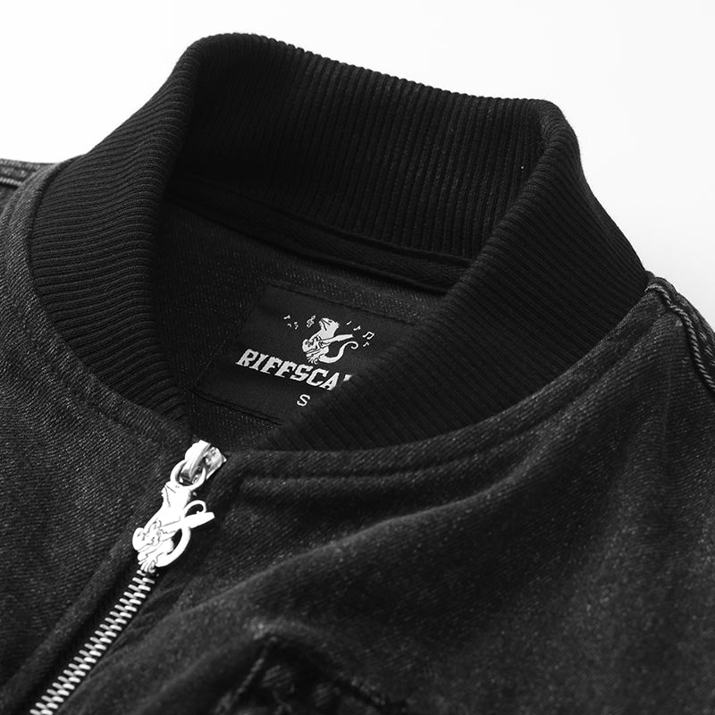 Streetwear Black Graphic Denim Bomber Jacket with Pockets ($59)