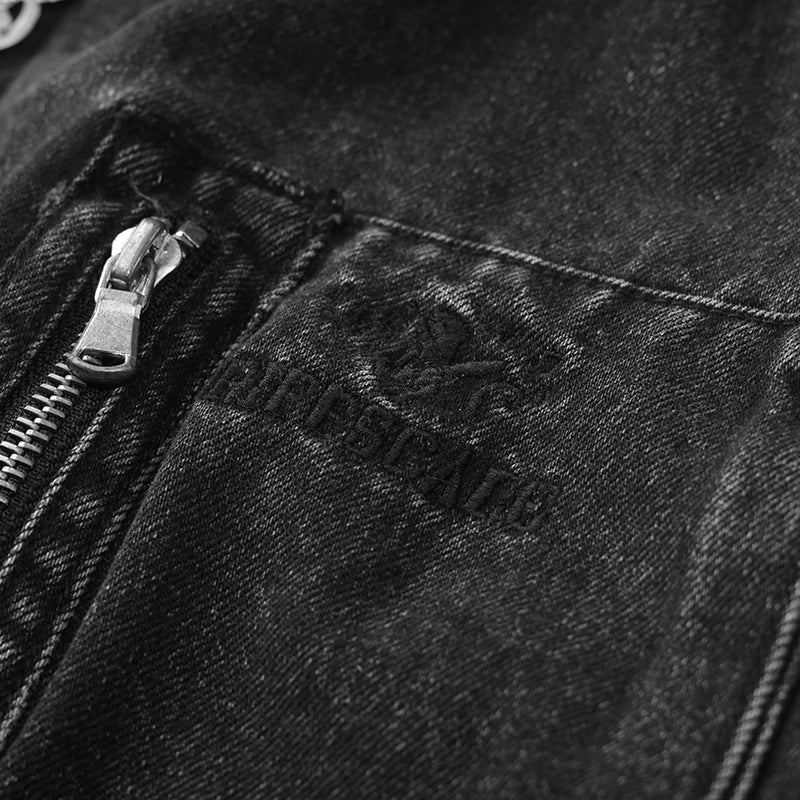 Streetwear Black Graphic Denim Bomber Jacket with Pockets ($59)