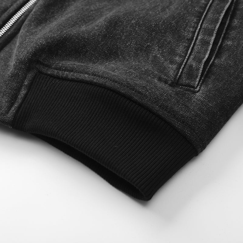 Streetwear Black Graphic Denim Bomber Jacket with Pockets ($59)