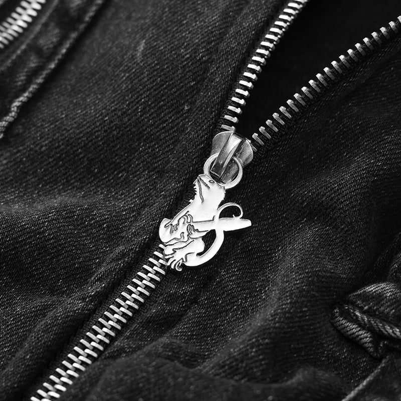 Streetwear Black Graphic Denim Bomber Jacket with Pockets ($59)