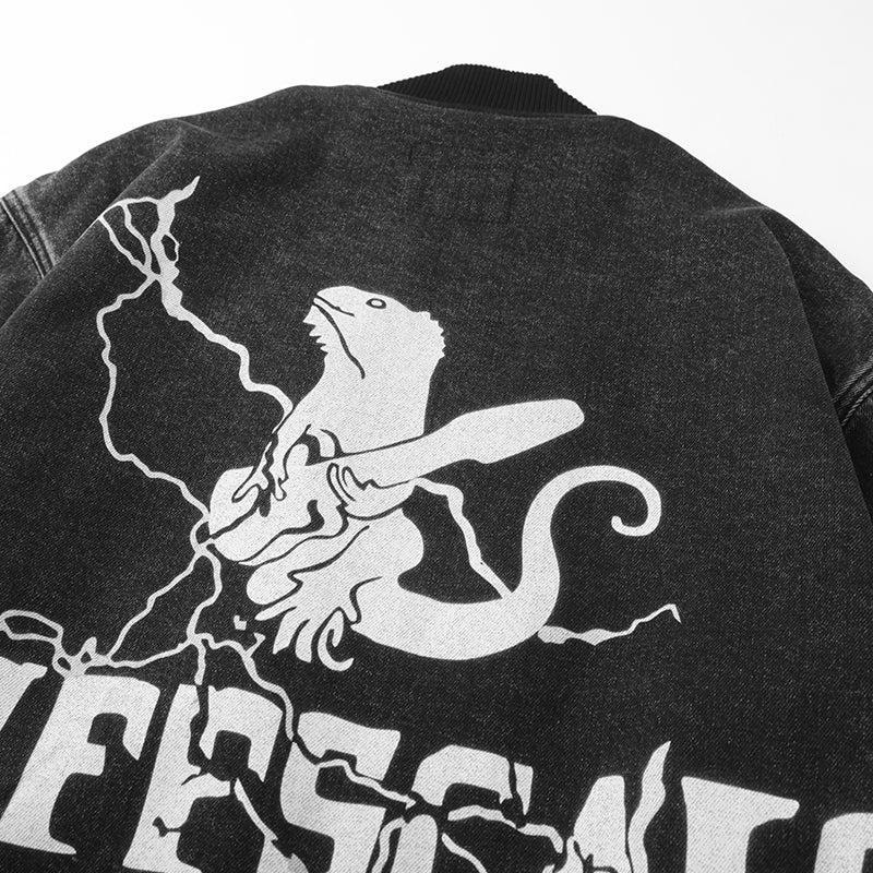 Streetwear Black Graphic Denim Bomber Jacket with Pockets ($59)