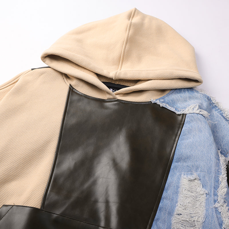 Patchwork Leather Men's Hooded Pullover Hoodies ($59)