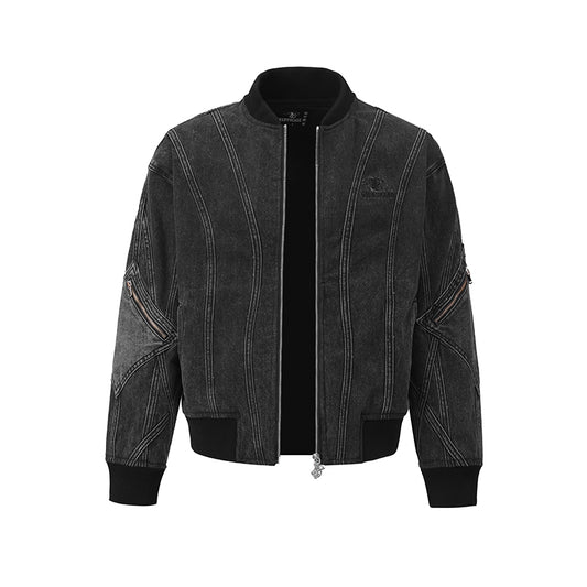 Zip Sleeve Embroidered Denim Bomber Jacket ($57)