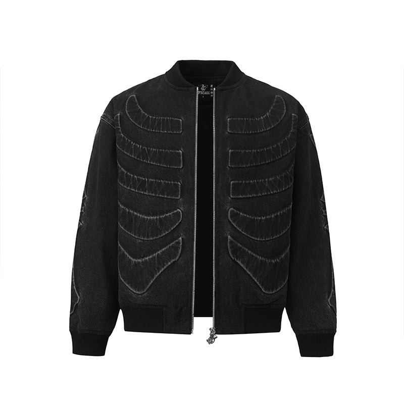 Embossed Skull Logos Denim Bomber Jacket ($80)
