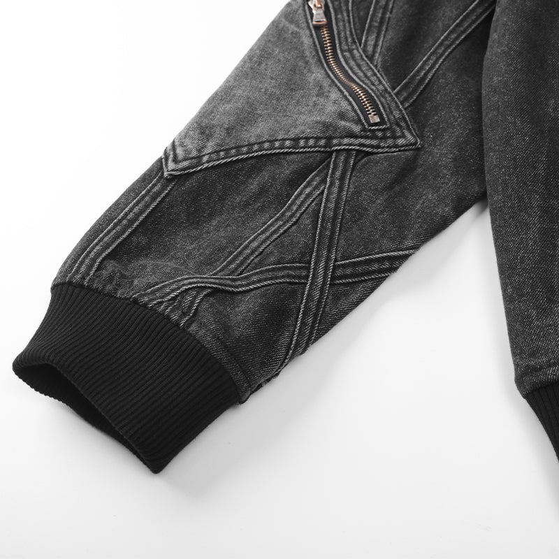 Zip Sleeve Embroidered Denim Bomber Jacket ($57)