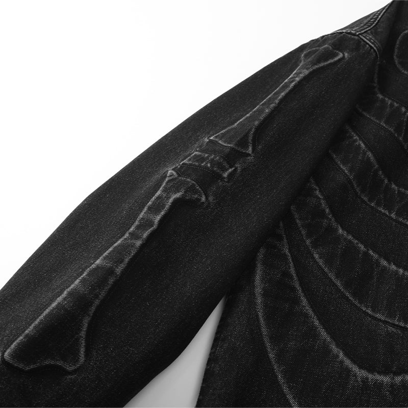 Embossed Skull Logos Denim Bomber Jacket ($80)