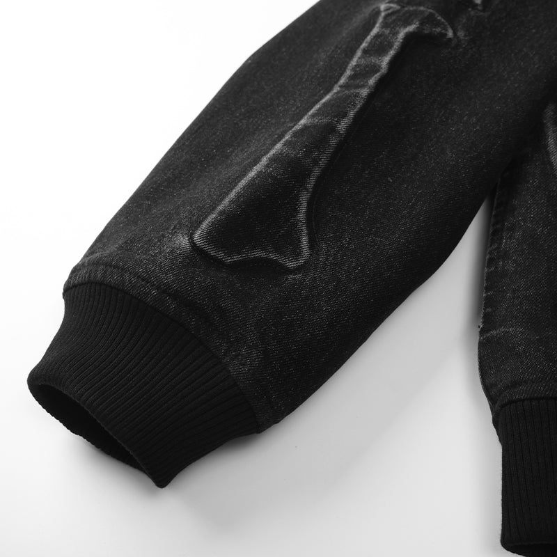 Embossed Skull Logos Denim Bomber Jacket ($80)