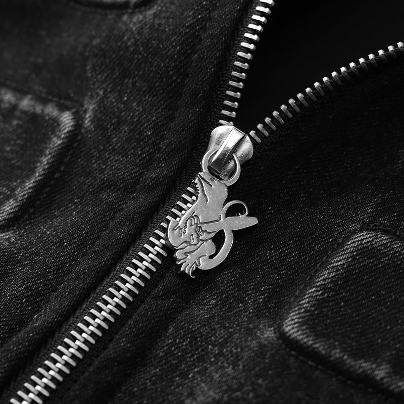 Embossed Skull Logos Denim Bomber Jacket ($80)