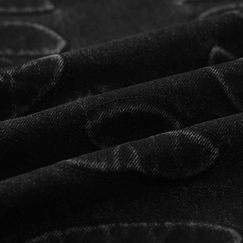 Embossed Skull Logos Denim Bomber Jacket ($80)